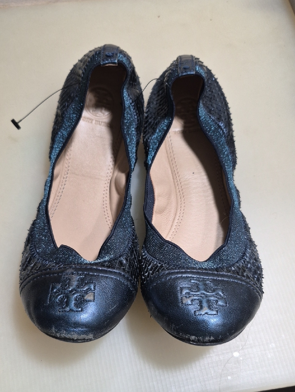 Tory Burch Black Textured Leather Logo Ballet Flats